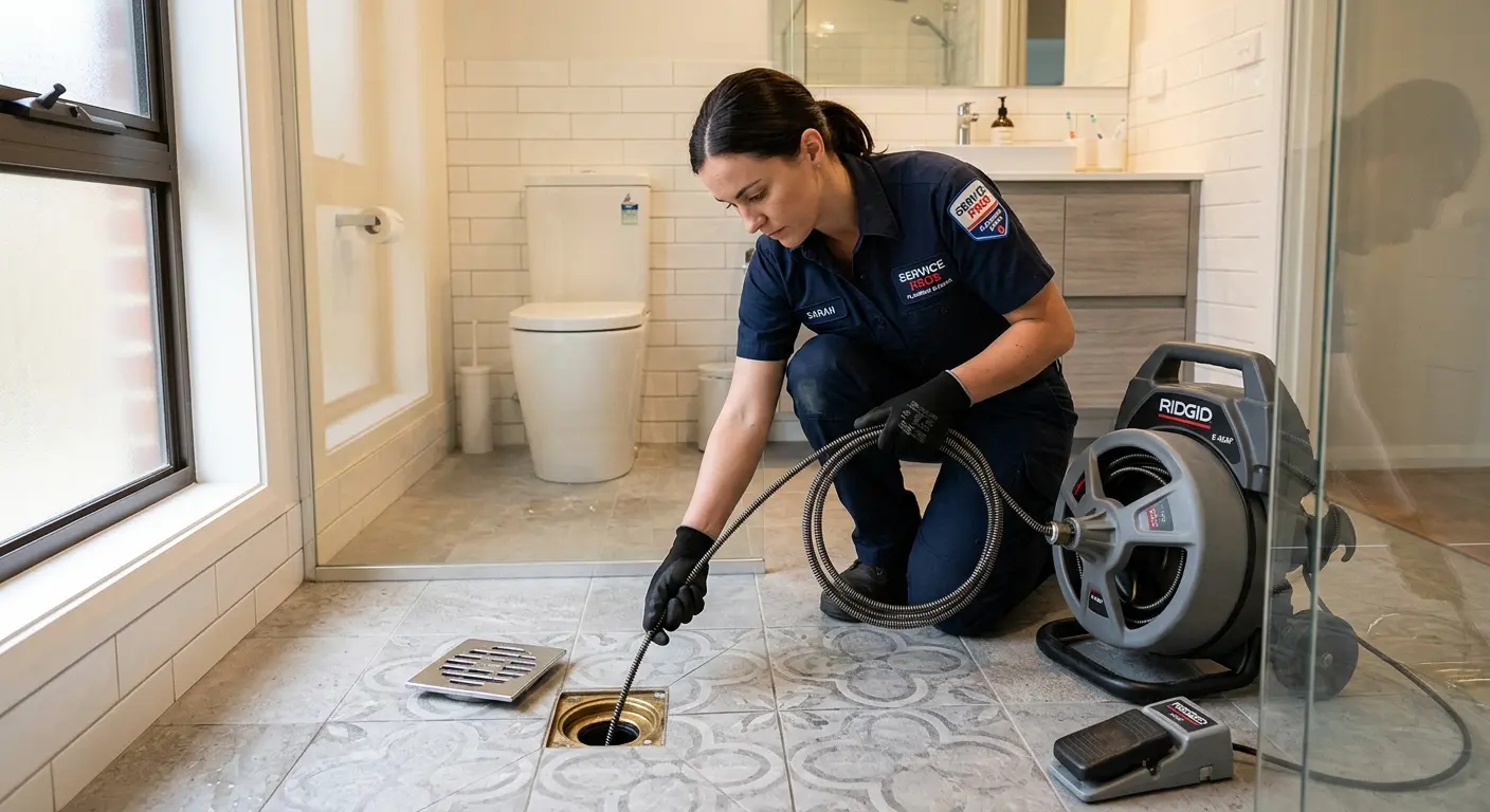 Technician clearing a bathroom floor drain for Drain Cleaning in Sammamish